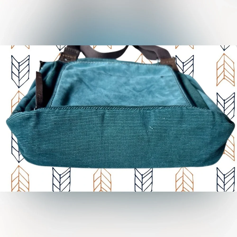 Fossil Teal Green Velvet Corduroy with Brown Leather Trim & Stitching Crossbody